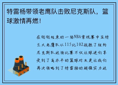 特雷杨带领老鹰队击败尼克斯队，篮球激情再燃！